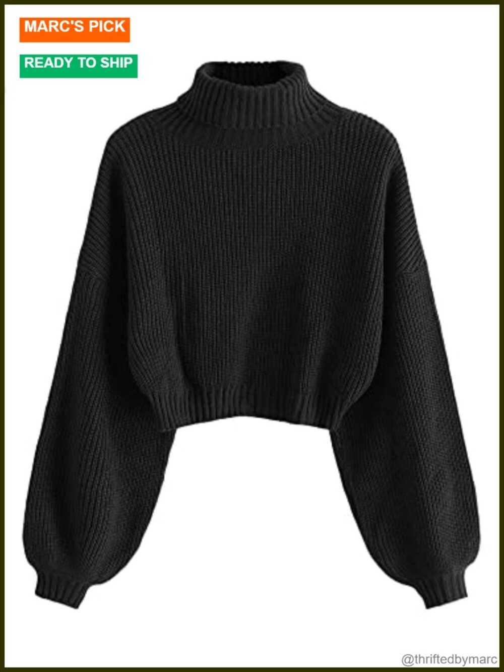 Women's Long Sleeve Cropped Sweater Pullover Lantern Sleeve Turtleneck
